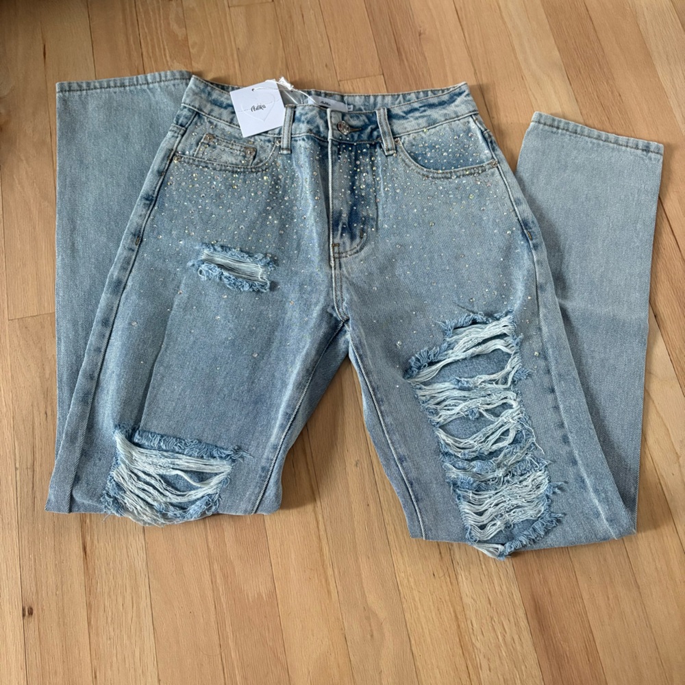 Adika Light Blue Mom Jeans with Rhinestone Details
